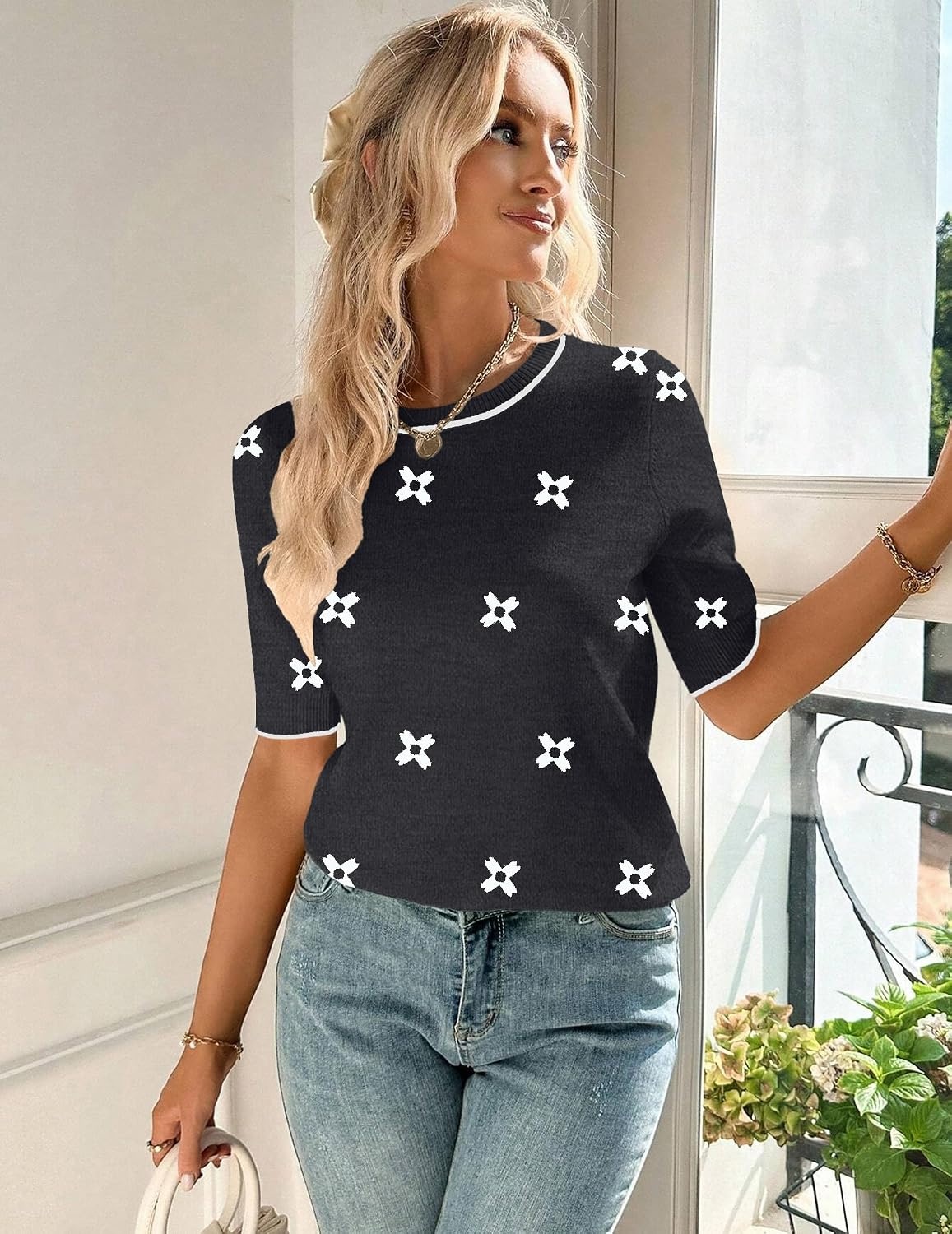 image:imageZeagoo Women Short Sleeve Sweater Summer Crew Neck Dressy Casual TopsFloral Jh454 Blackwhite