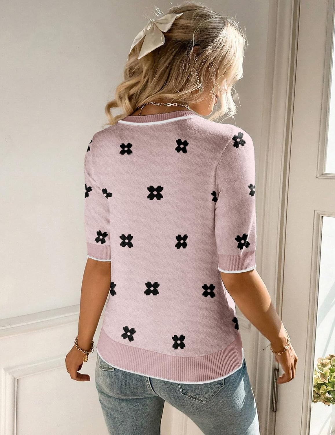 image:imageZeagoo Women Short Sleeve Sweater Summer Crew Neck Dressy Casual TopsFloral Jh455 Pinkwhite