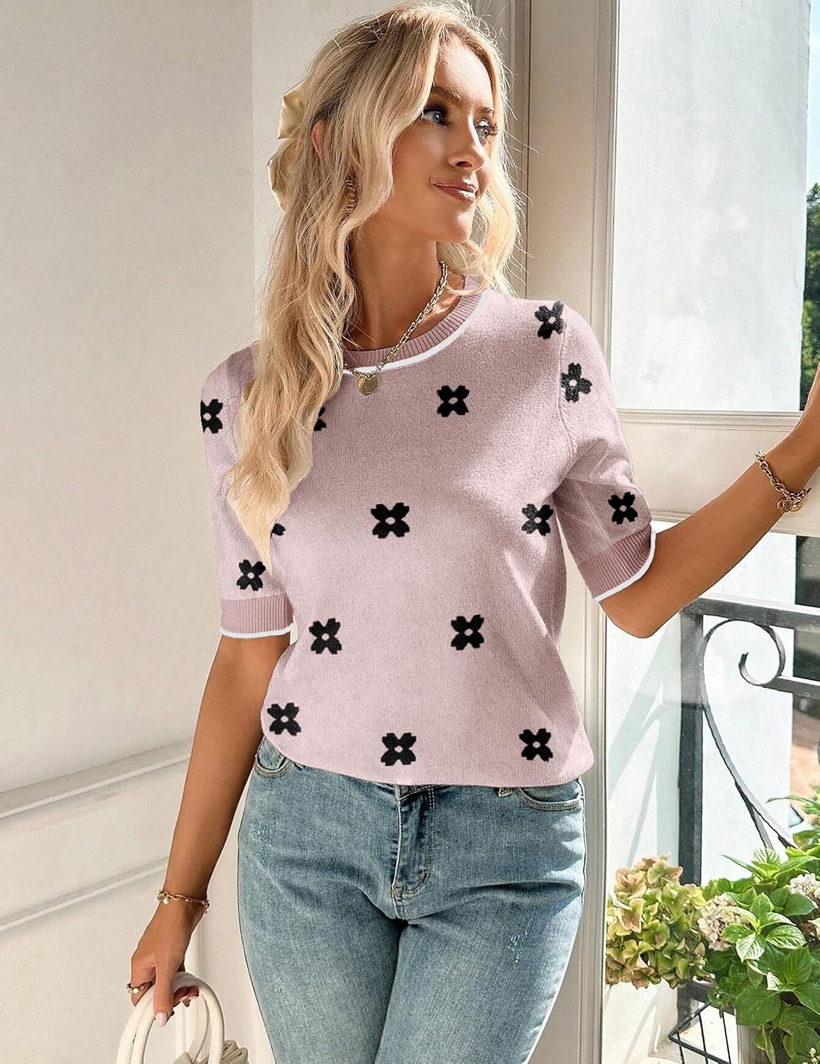 image:imageZeagoo Women Short Sleeve Sweater Summer Crew Neck Dressy Casual TopsFloral Jh455 Pinkwhite