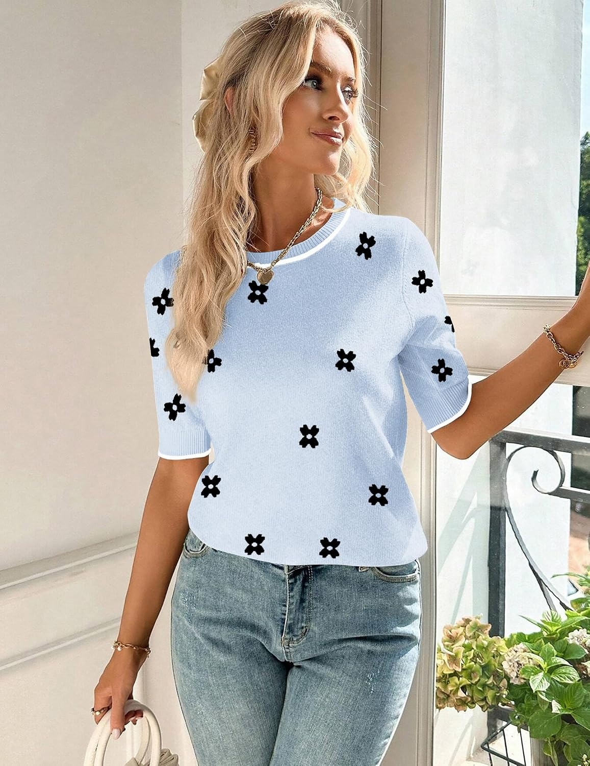 image:imageZeagoo Women Short Sleeve Sweater Summer Crew Neck Dressy Casual TopsFloral Jh528 Bluewhite