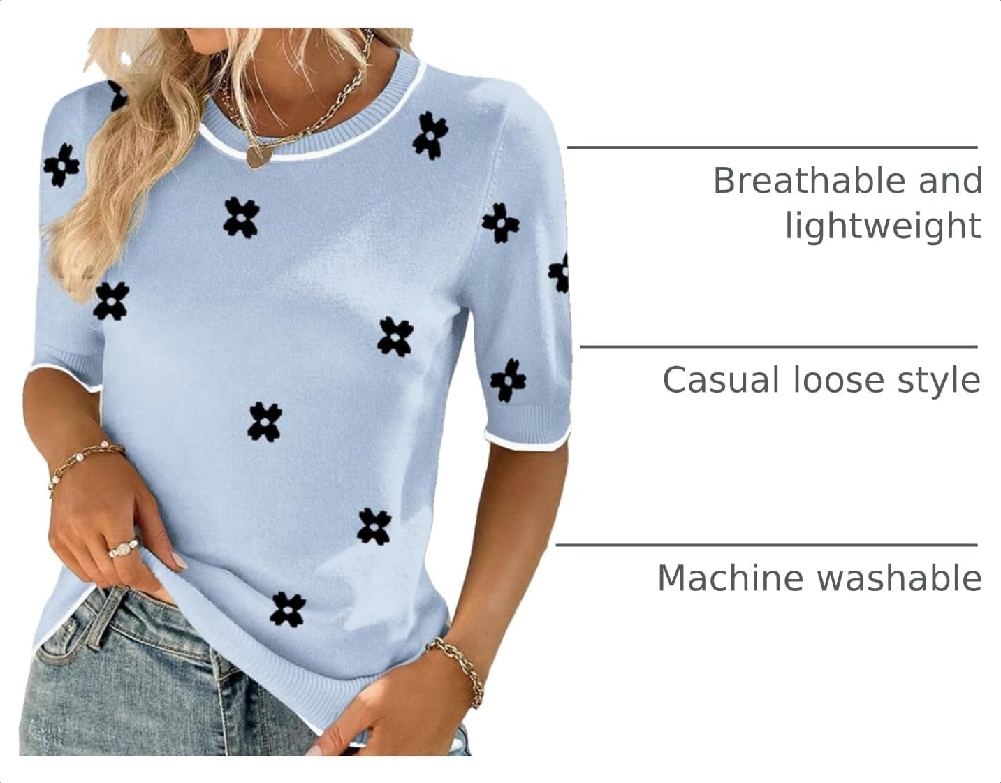 image:imageZeagoo Women Short Sleeve Sweater Summer Crew Neck Dressy Casual TopsFloral Jh528 Bluewhite