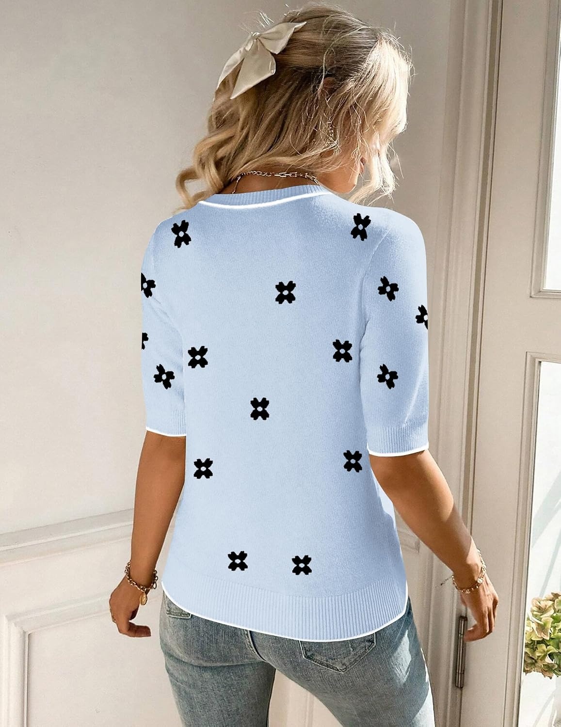 image:imageZeagoo Women Short Sleeve Sweater Summer Crew Neck Dressy Casual TopsFloral Jh528 Bluewhite