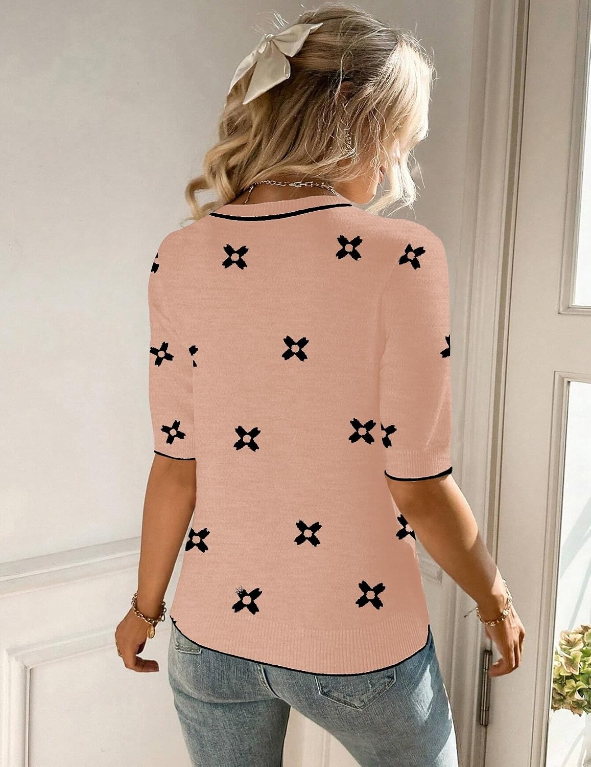 image:imageZeagoo Women Short Sleeve Sweater Summer Crew Neck Dressy Casual TopsFloral Jh618 Coralwhite