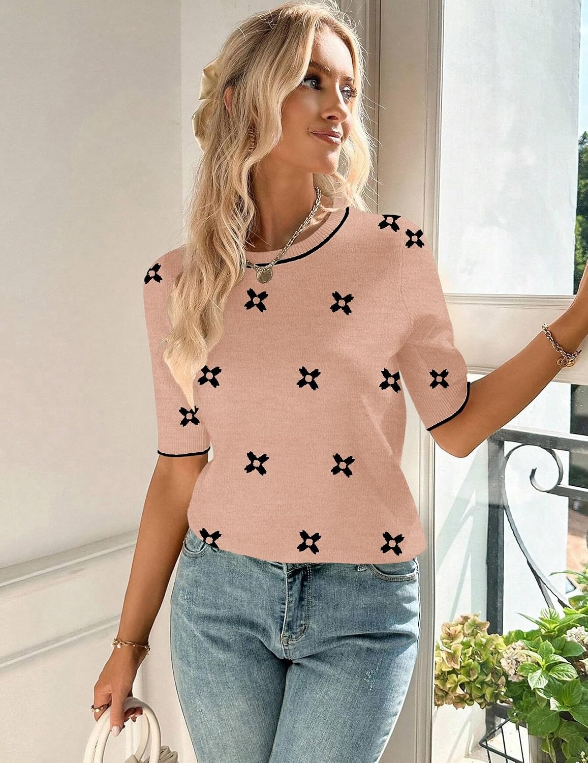 image:imageZeagoo Women Short Sleeve Sweater Summer Crew Neck Dressy Casual TopsFloral Jh618 Coralwhite