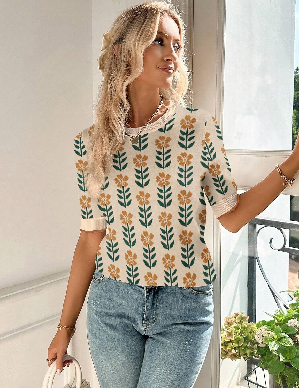 image:imageZeagoo Women Short Sleeve Sweater Summer Crew Neck Dressy Casual TopsFloral Khakiorange