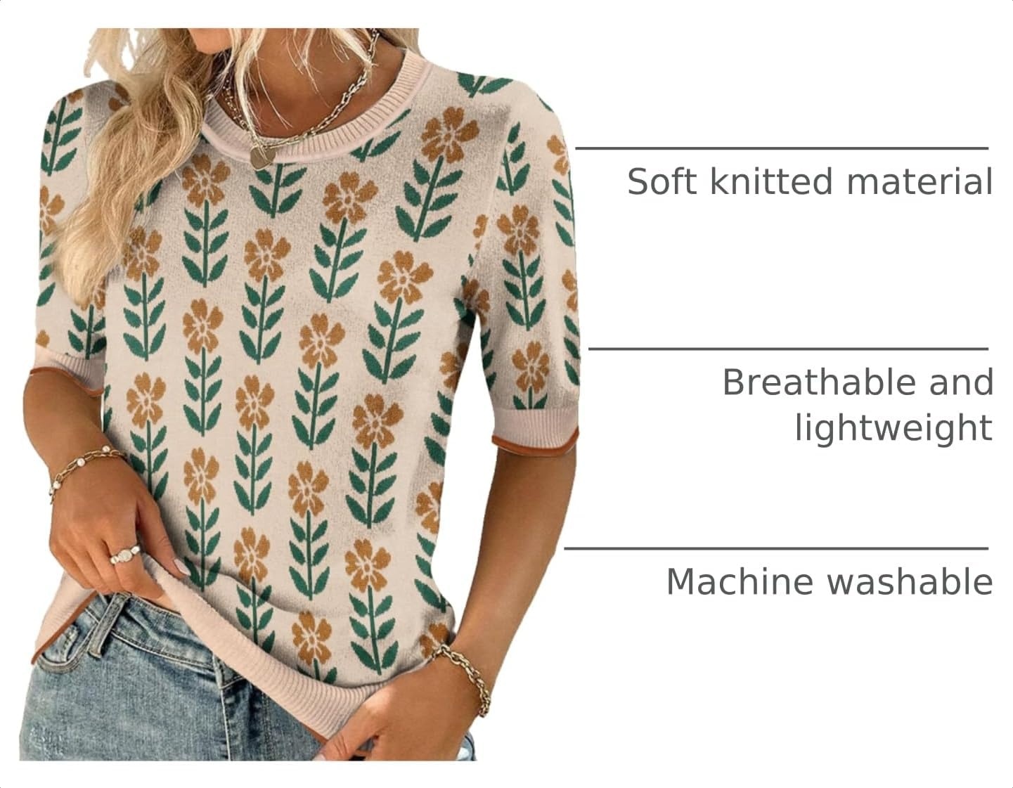 image:imageZeagoo Women Short Sleeve Sweater Summer Crew Neck Dressy Casual TopsFloral Khakiorange