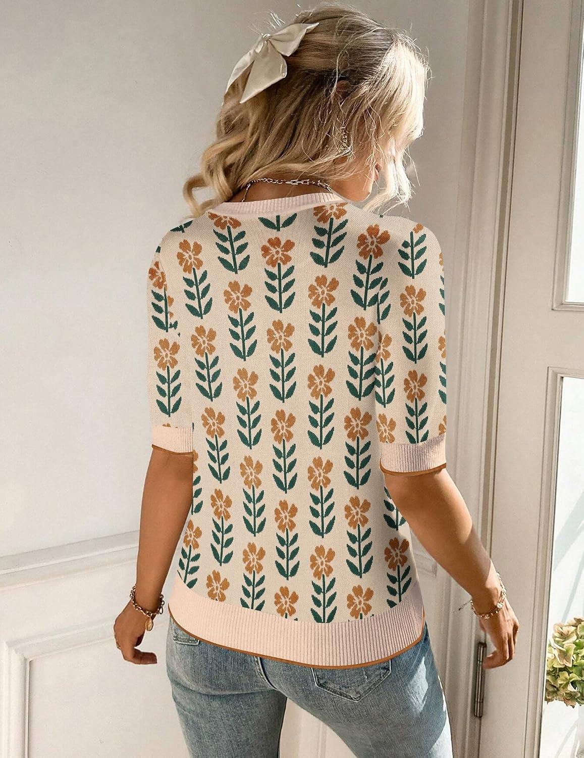 image:imageZeagoo Women Short Sleeve Sweater Summer Crew Neck Dressy Casual TopsFloral Khakiorange
