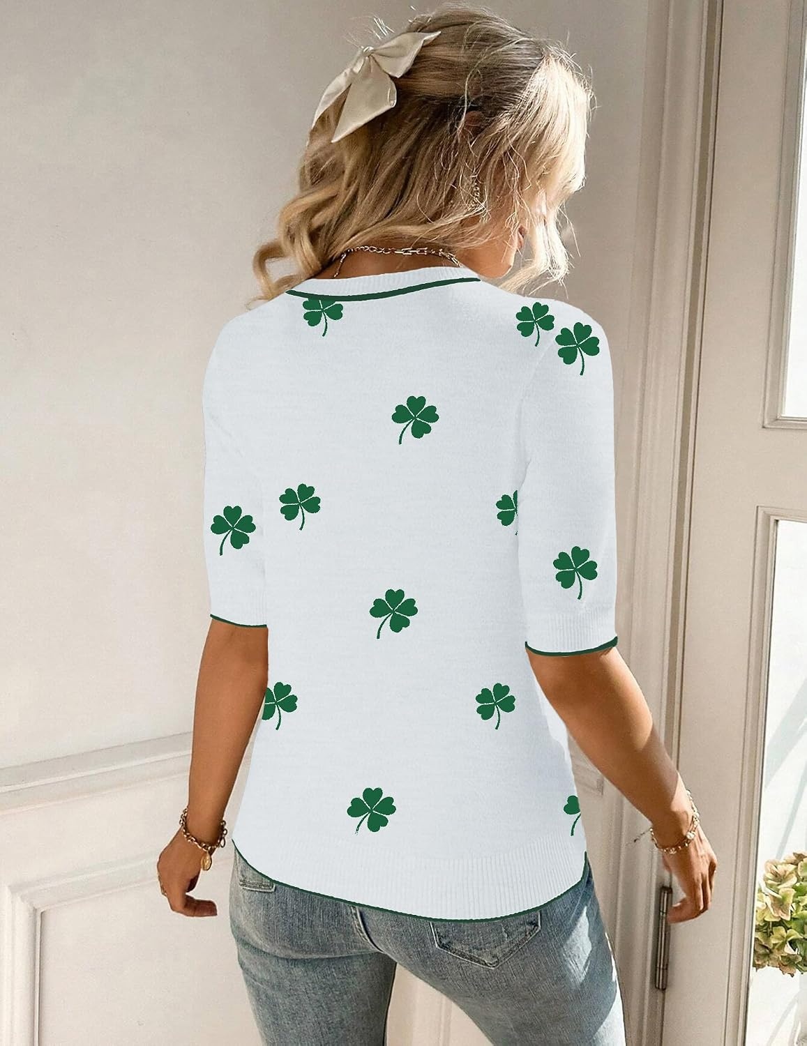 image:imageZeagoo Women Short Sleeve Sweater Summer Crew Neck Dressy Casual TopsFloral Sf324 Greenwhite