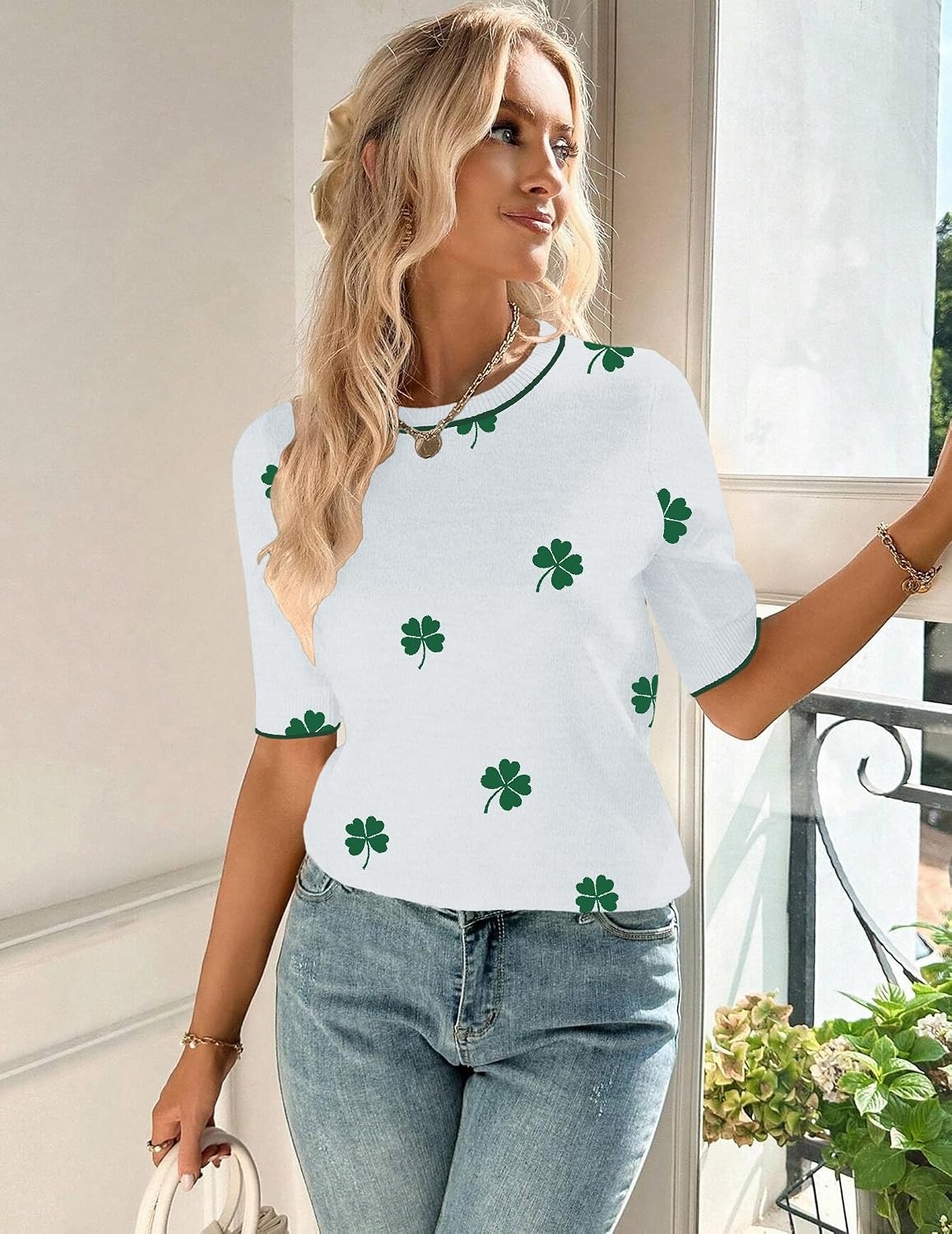 image:imageZeagoo Women Short Sleeve Sweater Summer Crew Neck Dressy Casual TopsFloral Sf324 Greenwhite