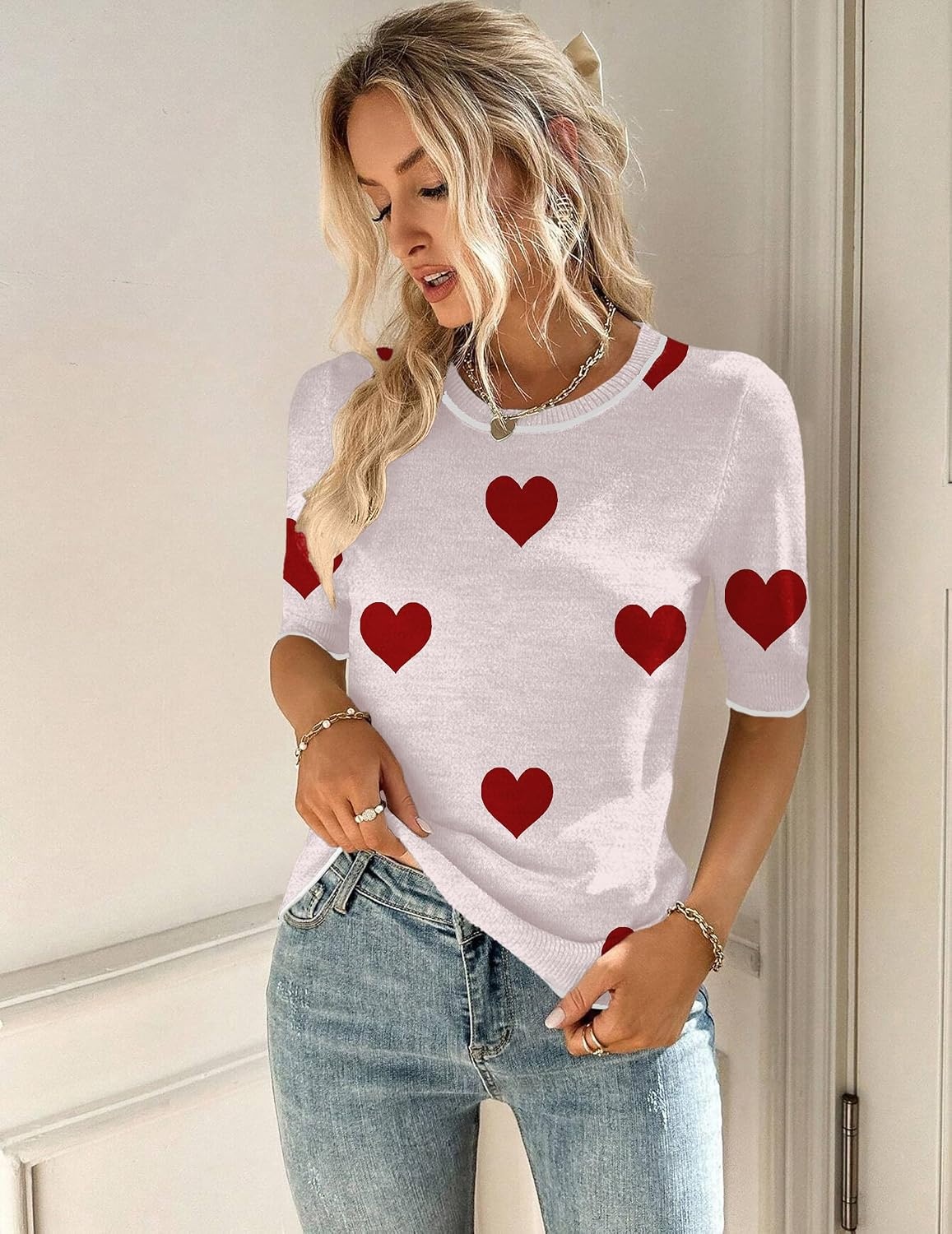 image:imageZeagoo Women Short Sleeve Sweater Summer Crew Neck Dressy Casual TopsHeart Whitered