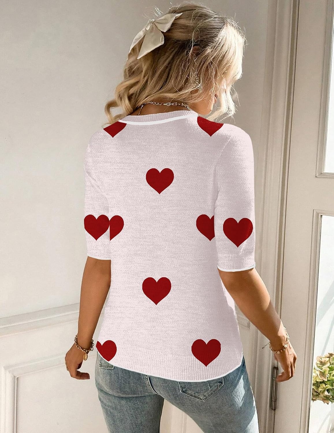 image:imageZeagoo Women Short Sleeve Sweater Summer Crew Neck Dressy Casual TopsHeart Whitered