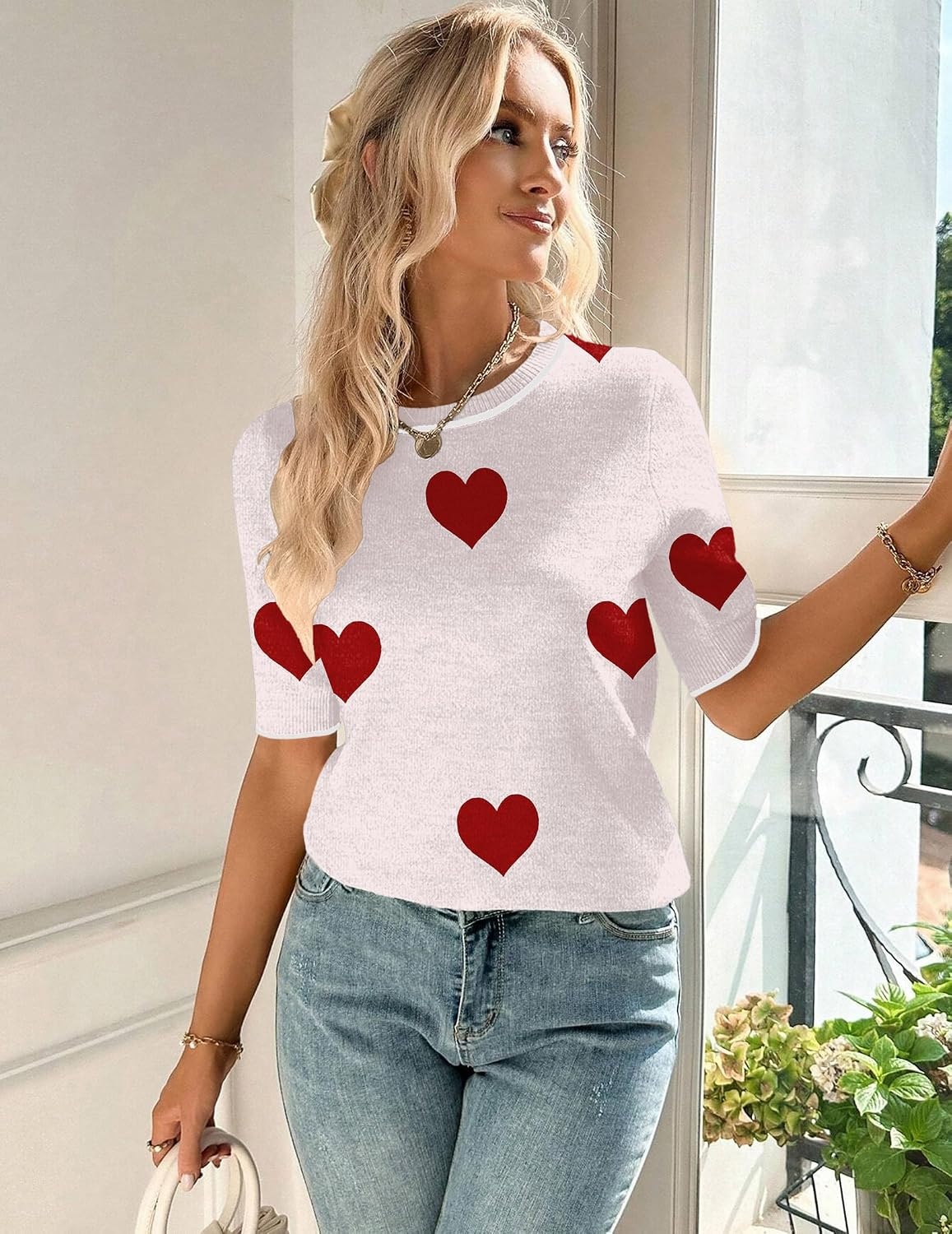 image:imageZeagoo Women Short Sleeve Sweater Summer Crew Neck Dressy Casual TopsHeart Whitered
