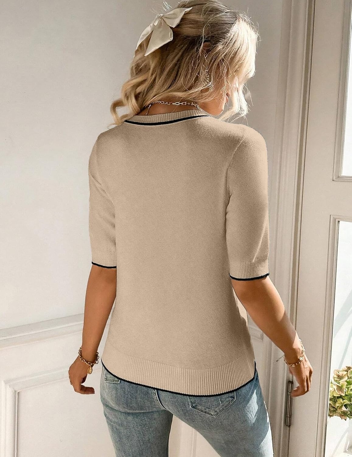 image:imageZeagoo Women Short Sleeve Sweater Summer Crew Neck Dressy Casual TopsKhaki