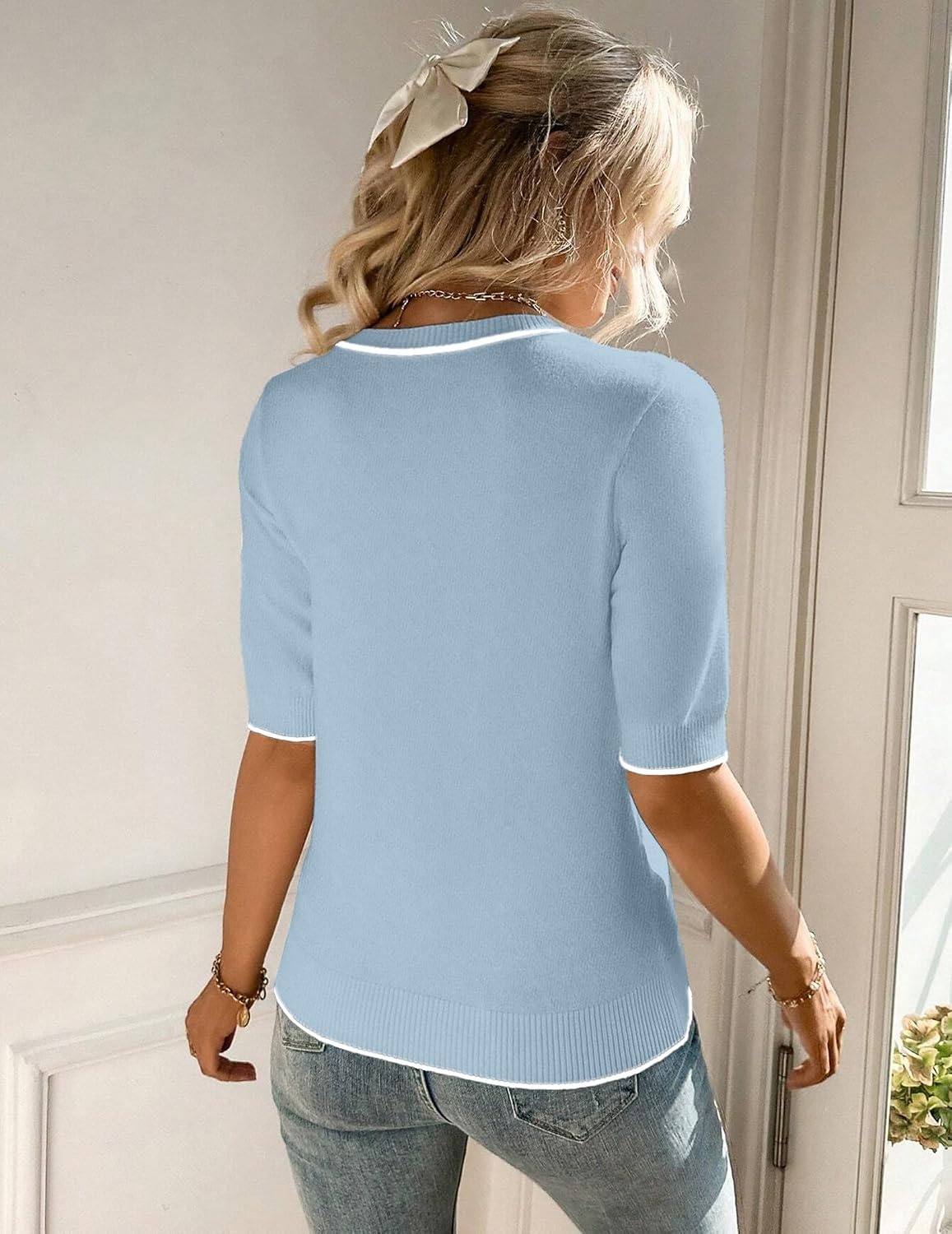 image:imageZeagoo Women Short Sleeve Sweater Summer Crew Neck Dressy Casual TopsLight Blue