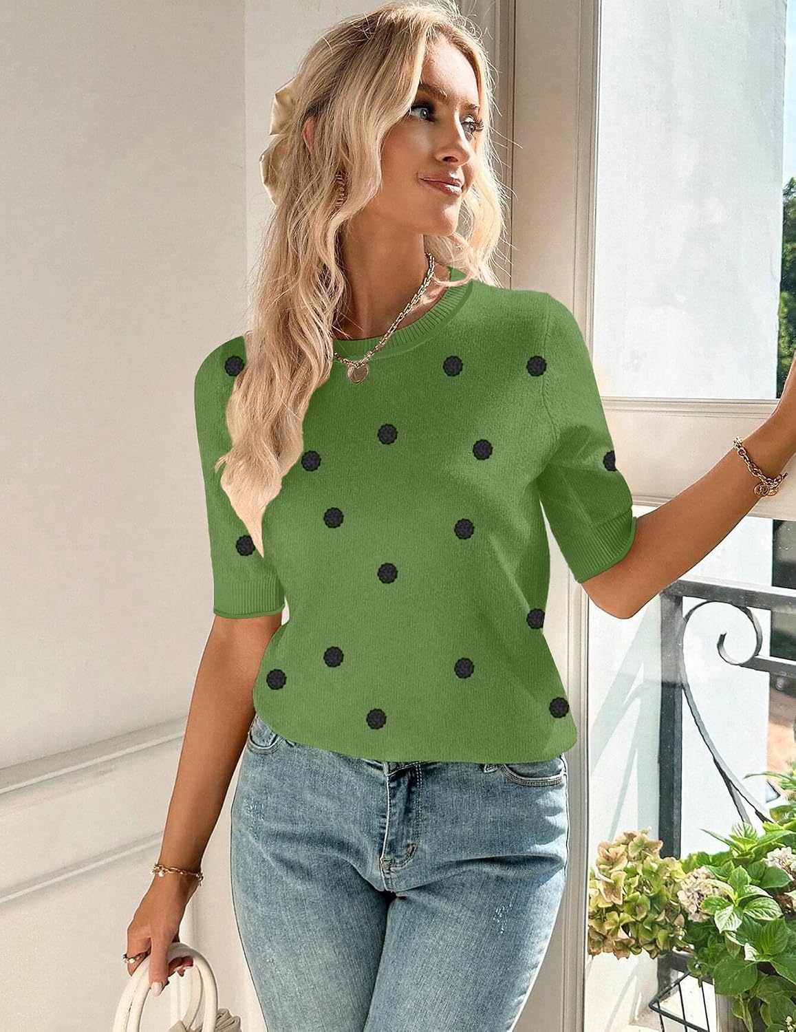 image:imageZeagoo Women Short Sleeve Sweater Summer Crew Neck Dressy Casual TopsPolka Pots Green 271