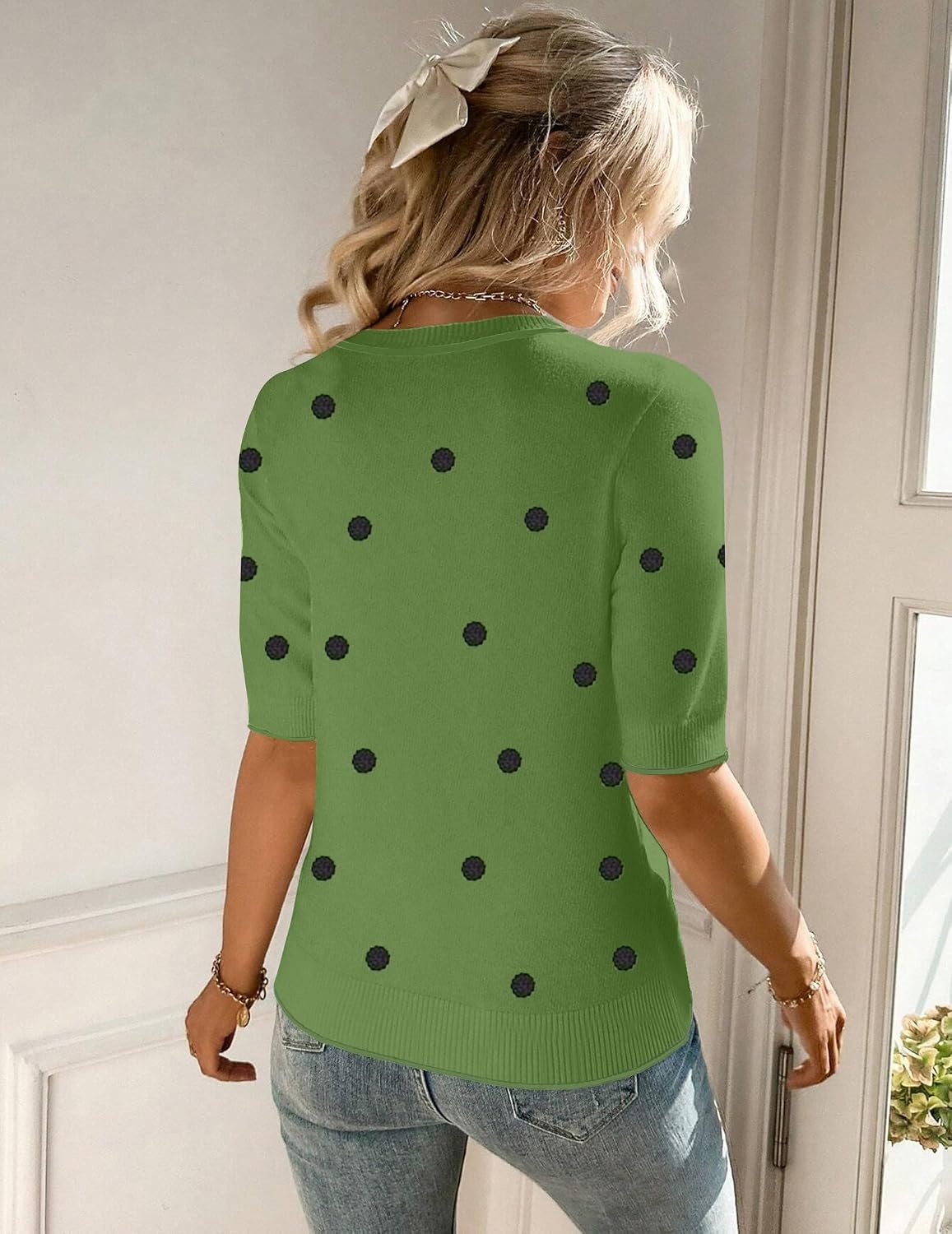 image:imageZeagoo Women Short Sleeve Sweater Summer Crew Neck Dressy Casual TopsPolka Pots Green 271