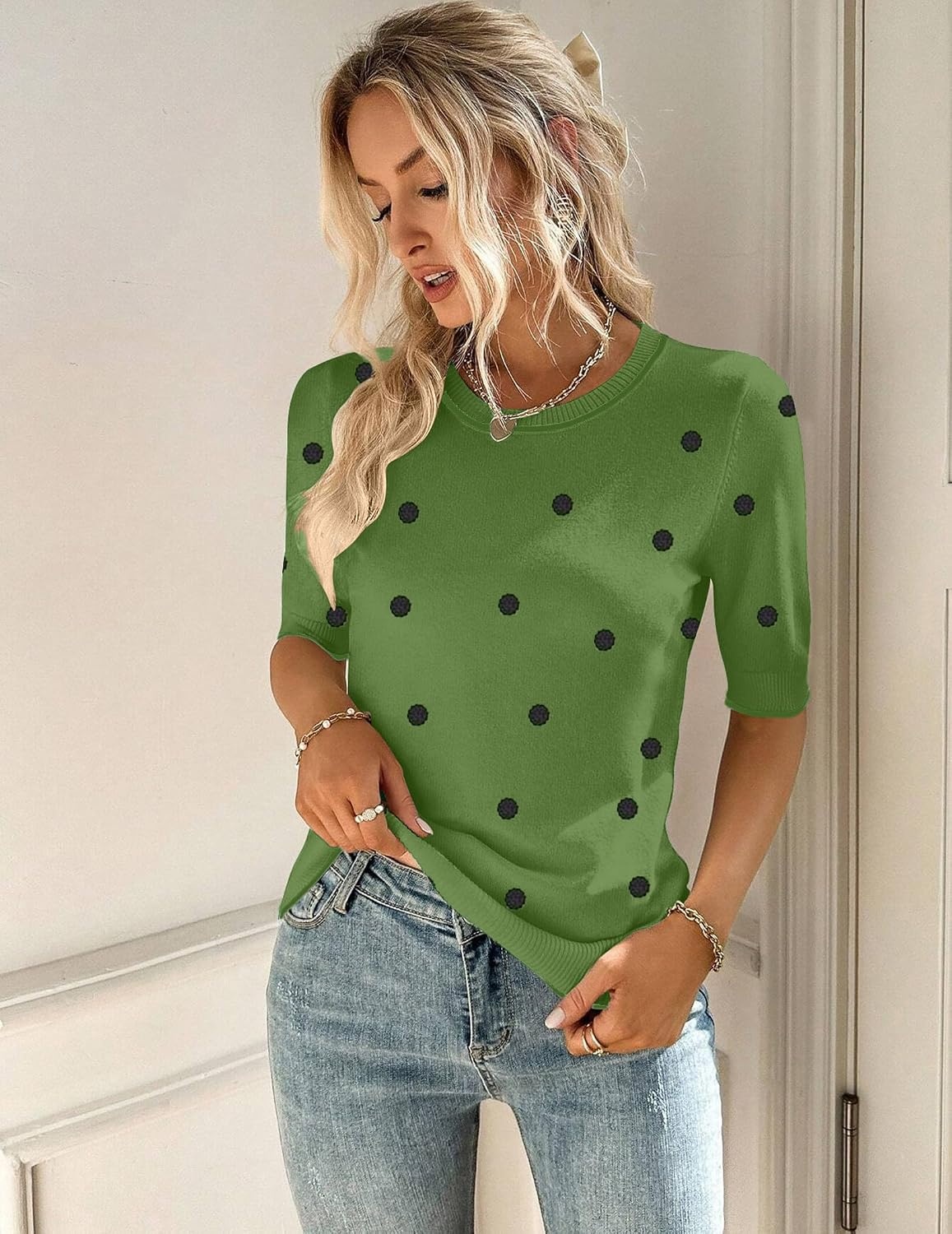 image:imageZeagoo Women Short Sleeve Sweater Summer Crew Neck Dressy Casual TopsPolka Pots Green 271
