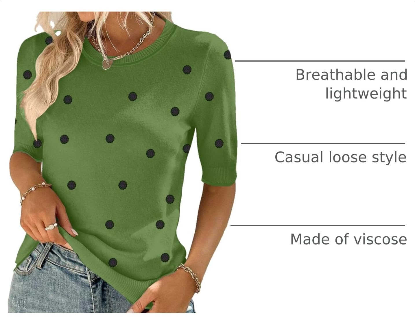image:imageZeagoo Women Short Sleeve Sweater Summer Crew Neck Dressy Casual TopsPolka Pots Green 271