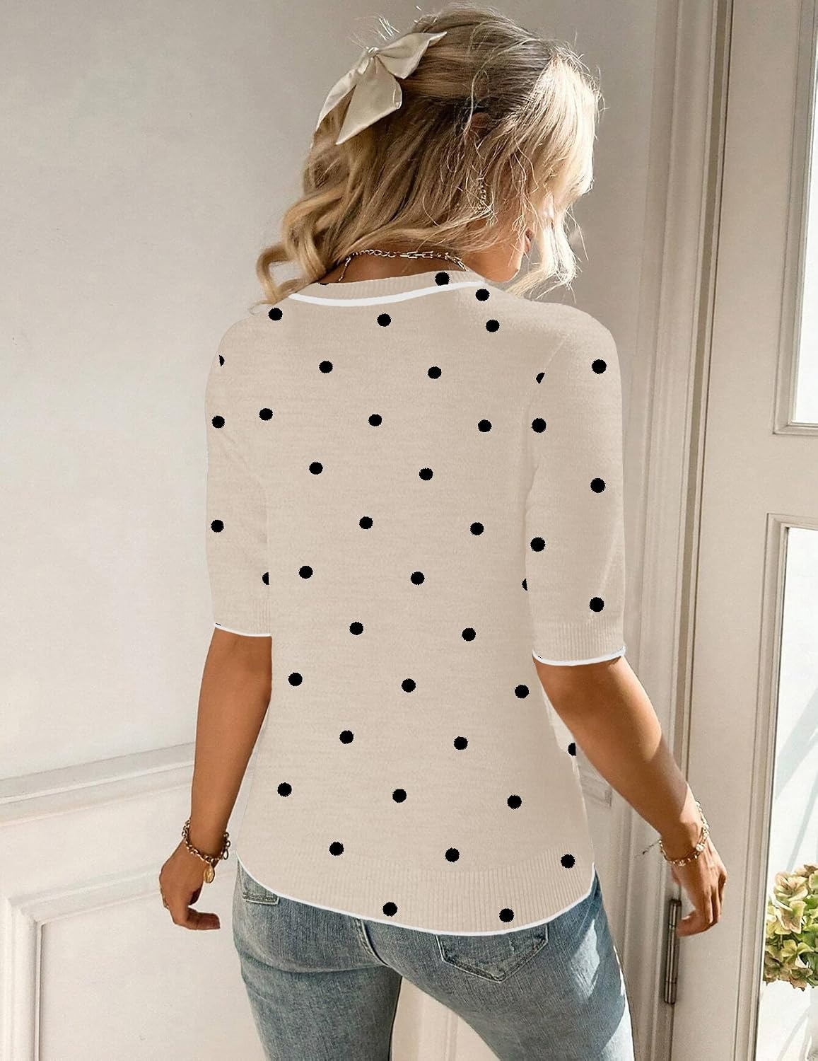 image:imageZeagoo Women Short Sleeve Sweater Summer Crew Neck Dressy Casual TopsPolka Pots Khaki 442