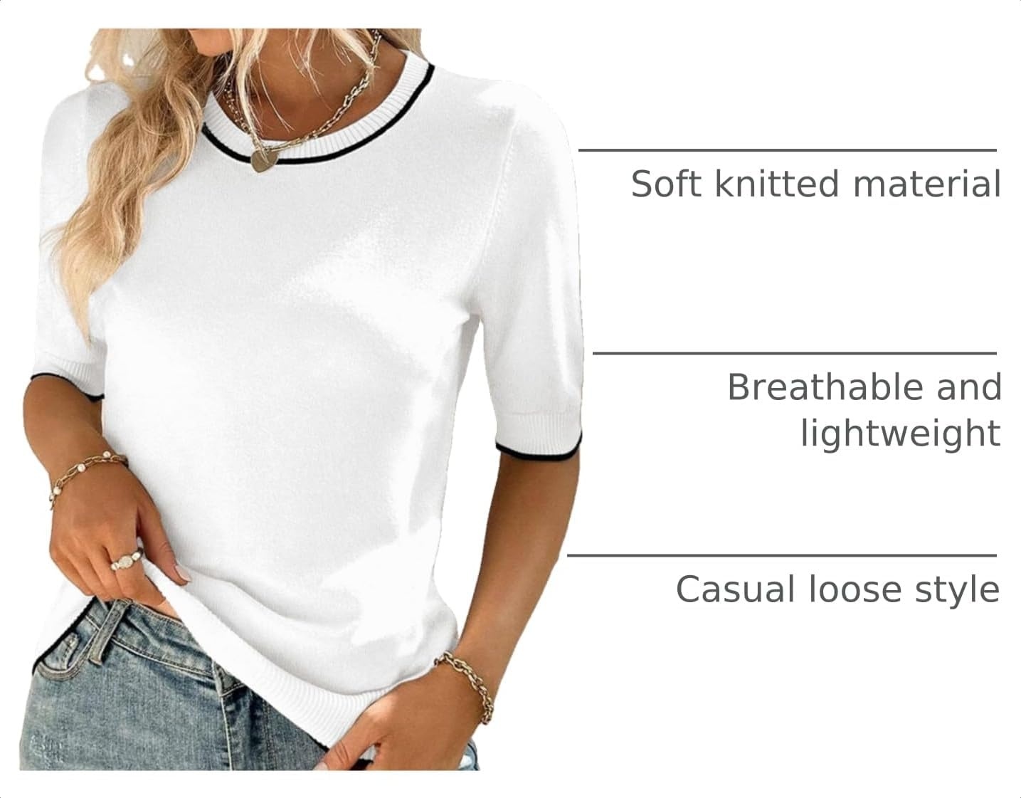 image:imageZeagoo Women Short Sleeve Sweater Summer Crew Neck Dressy Casual TopsWhite