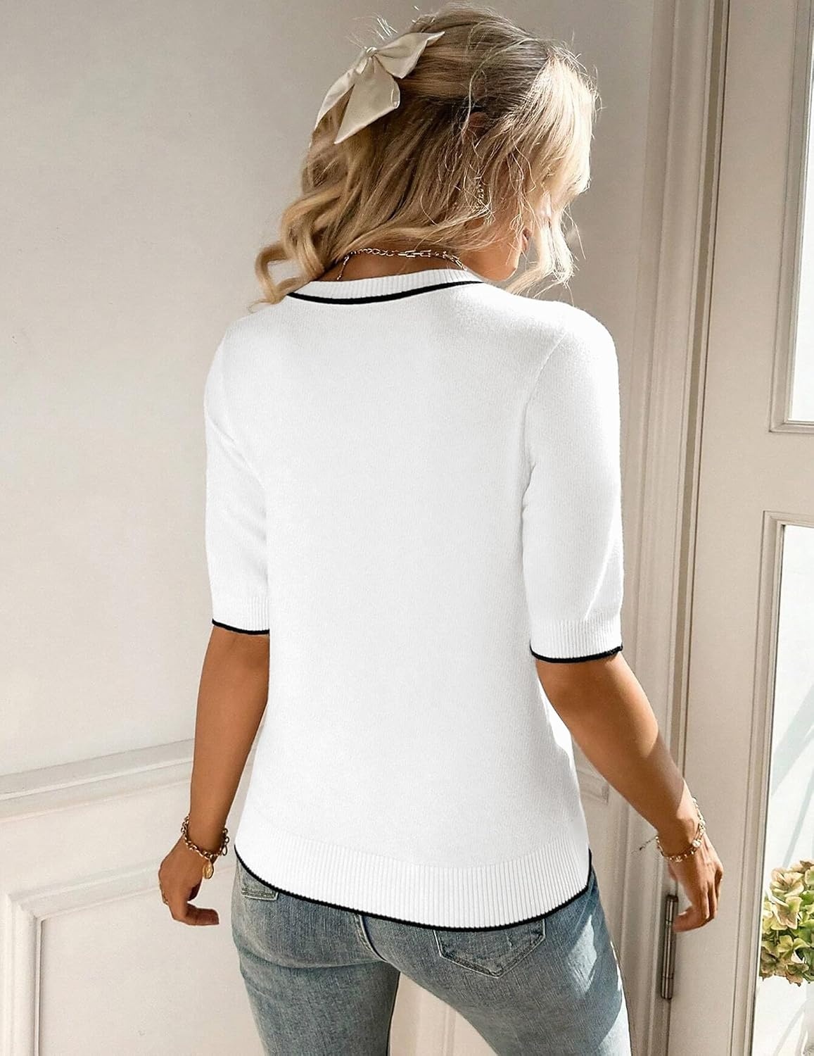 image:imageZeagoo Women Short Sleeve Sweater Summer Crew Neck Dressy Casual TopsWhite