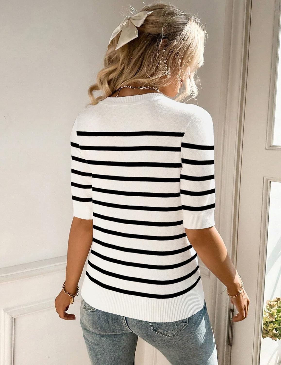 image:imageZeagoo Women Short Sleeve Sweater Summer Crew Neck Dressy Casual TopsWhiteblack