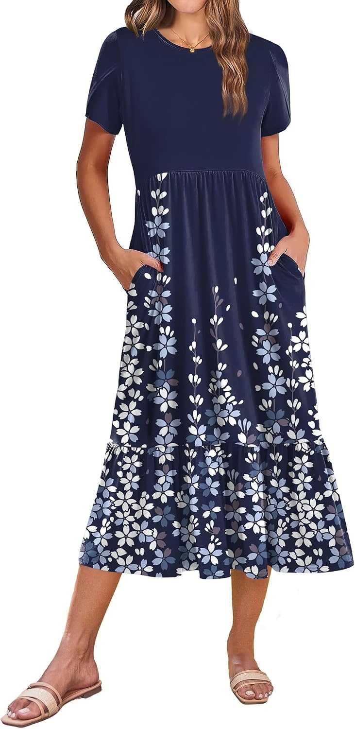 image:imageZeagoo Women Summer Midi A Line Dress Short Sleeve Casual Flowy Tiered Beach Long Sundress with Pockets 2026 Vacation TravelA01navy Blue Floral