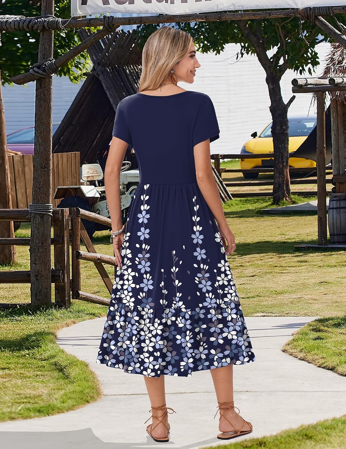 image:imageZeagoo Women Summer Midi A Line Dress Short Sleeve Casual Flowy Tiered Beach Long Sundress with Pockets 2026 Vacation TravelA01navy Blue Floral