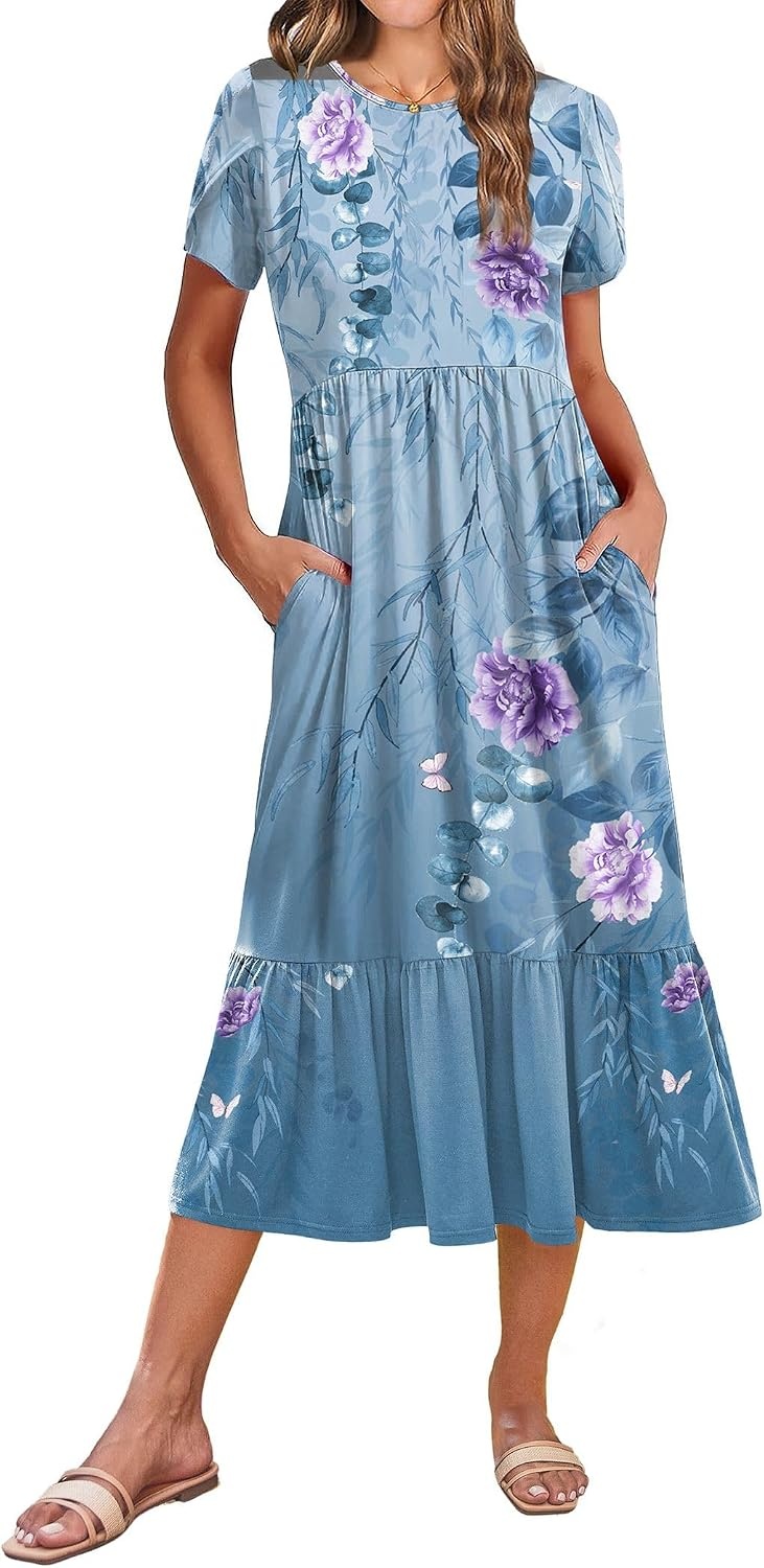 image:imageZeagoo Women Summer Midi A Line Dress Short Sleeve Casual Flowy Tiered Beach Long Sundress with Pockets 2026 Vacation TravelA02blue Floral2