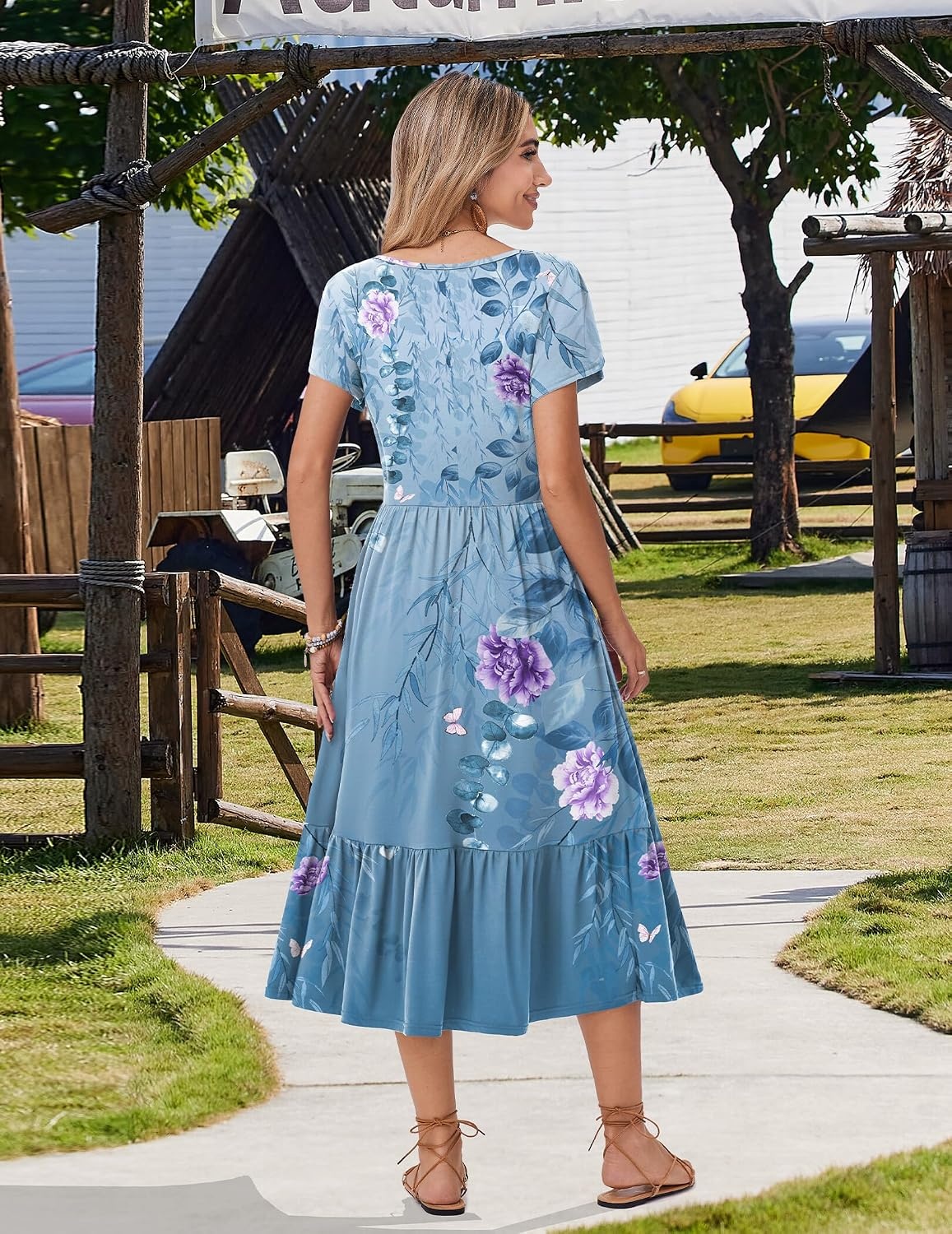 image:imageZeagoo Women Summer Midi A Line Dress Short Sleeve Casual Flowy Tiered Beach Long Sundress with Pockets 2026 Vacation TravelA02blue Floral2