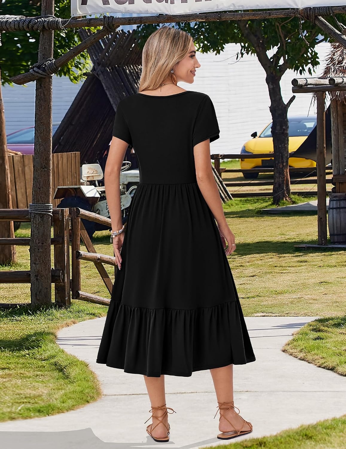 image:imageZeagoo Women Summer Midi A Line Dress Short Sleeve Casual Flowy Tiered Beach Long Sundress with Pockets 2026 Vacation TravelA03black