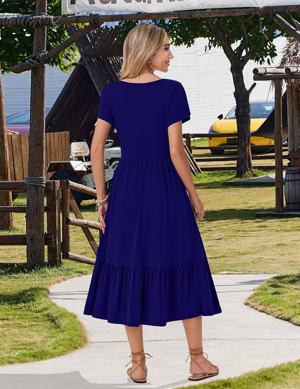 image:imageZeagoo Women Summer Midi A Line Dress Short Sleeve Casual Flowy Tiered Beach Long Sundress with Pockets 2026 Vacation TravelA04navy Blue
