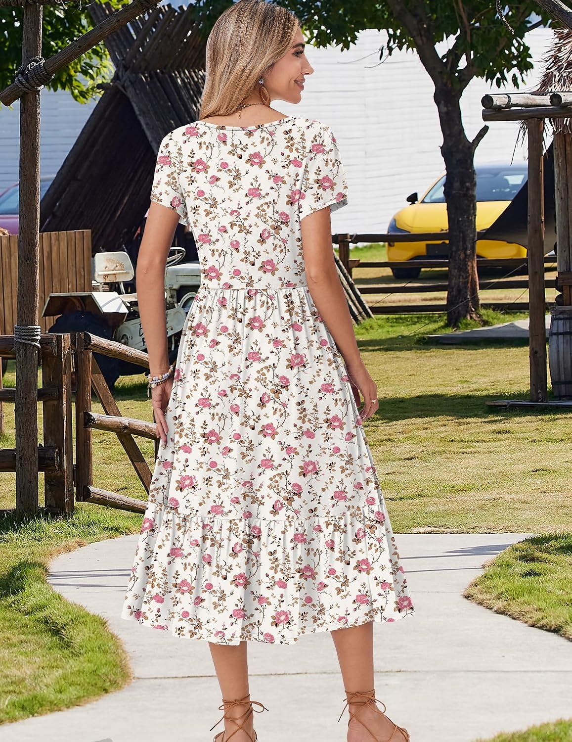image:imageZeagoo Women Summer Midi A Line Dress Short Sleeve Casual Flowy Tiered Beach Long Sundress with Pockets 2026 Vacation TravelBf310