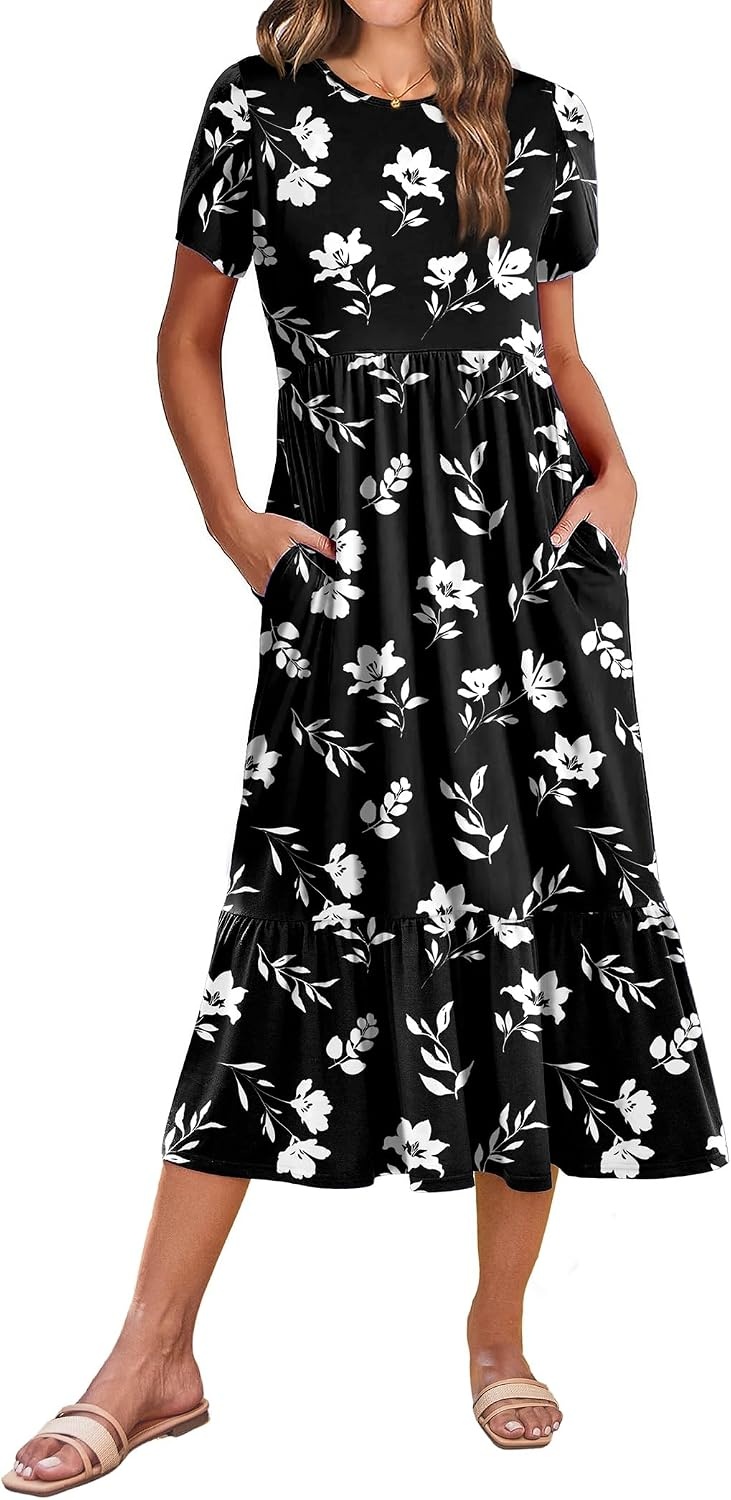 image:imageZeagoo Women Summer Midi A Line Dress Short Sleeve Casual Flowy Tiered Beach Long Sundress with Pockets 2026 Vacation TravelBlack White Floral
