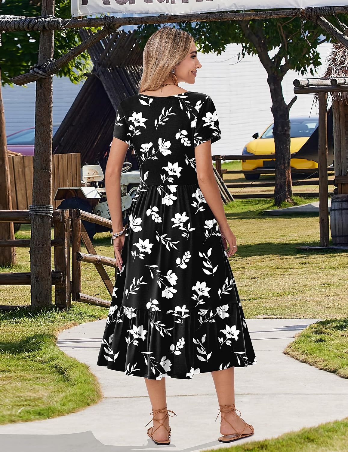 image:imageZeagoo Women Summer Midi A Line Dress Short Sleeve Casual Flowy Tiered Beach Long Sundress with Pockets 2026 Vacation TravelBlack White Floral