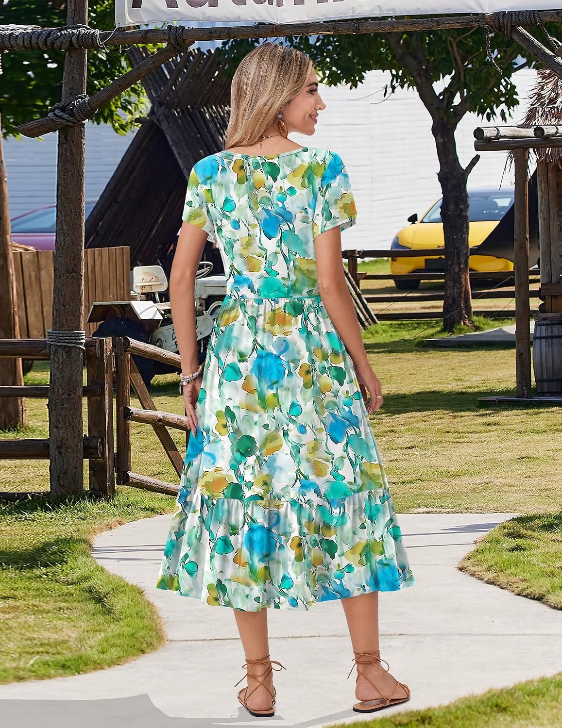image:imageZeagoo Women Summer Midi A Line Dress Short Sleeve Casual Flowy Tiered Beach Long Sundress with Pockets 2026 Vacation TravelBlue Brown Floral