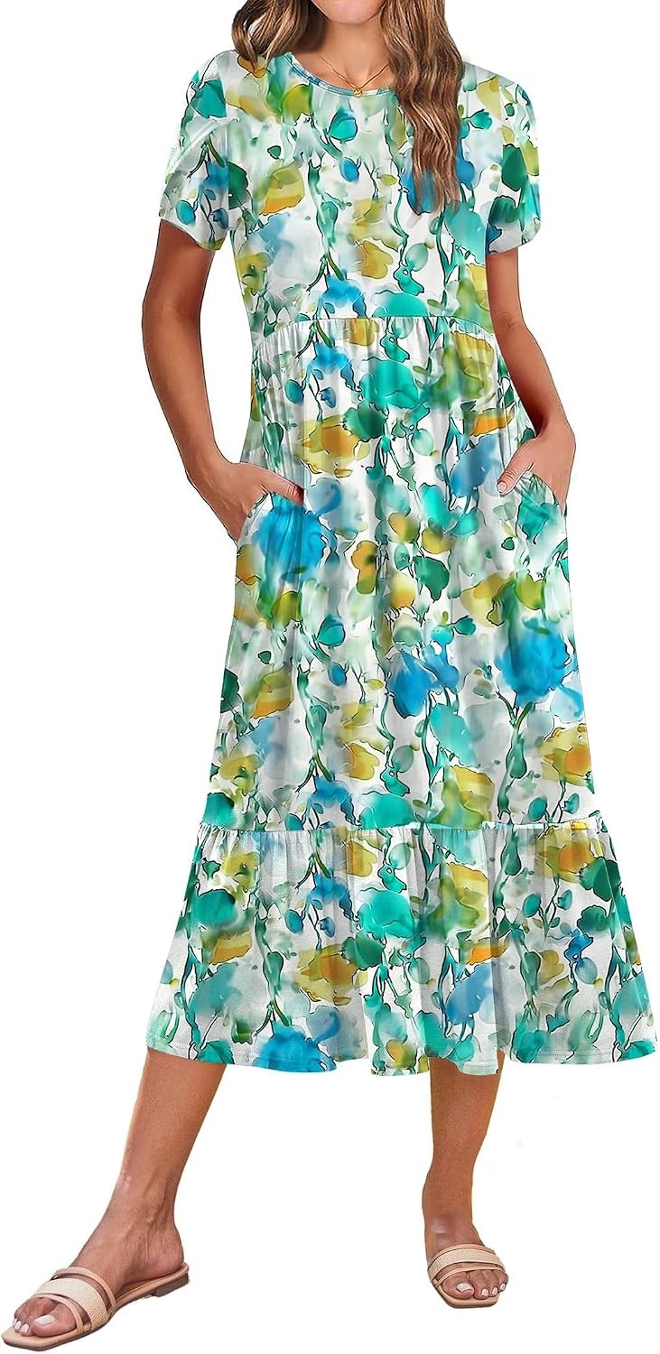image:imageZeagoo Women Summer Midi A Line Dress Short Sleeve Casual Flowy Tiered Beach Long Sundress with Pockets 2026 Vacation TravelBlue Brown Floral
