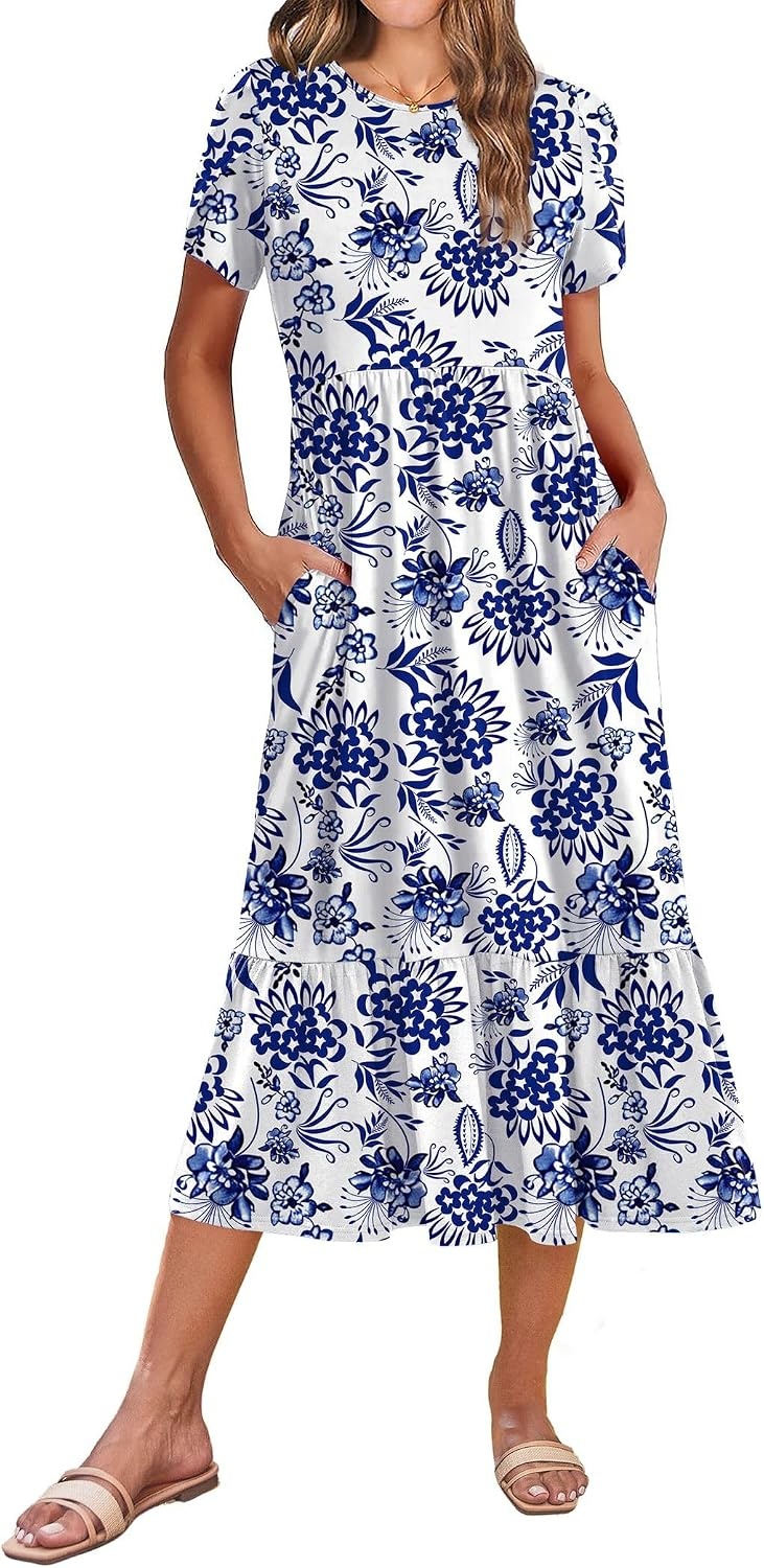image:imageZeagoo Women Summer Midi A Line Dress Short Sleeve Casual Flowy Tiered Beach Long Sundress with Pockets 2026 Vacation TravelBlue Floral