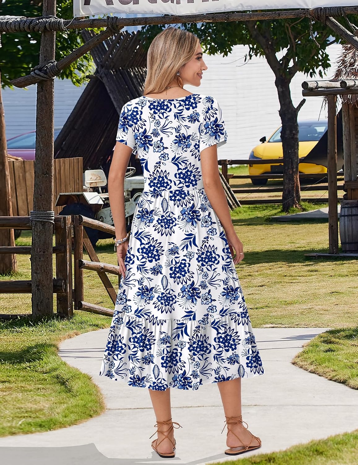 image:imageZeagoo Women Summer Midi A Line Dress Short Sleeve Casual Flowy Tiered Beach Long Sundress with Pockets 2026 Vacation TravelBlue Floral