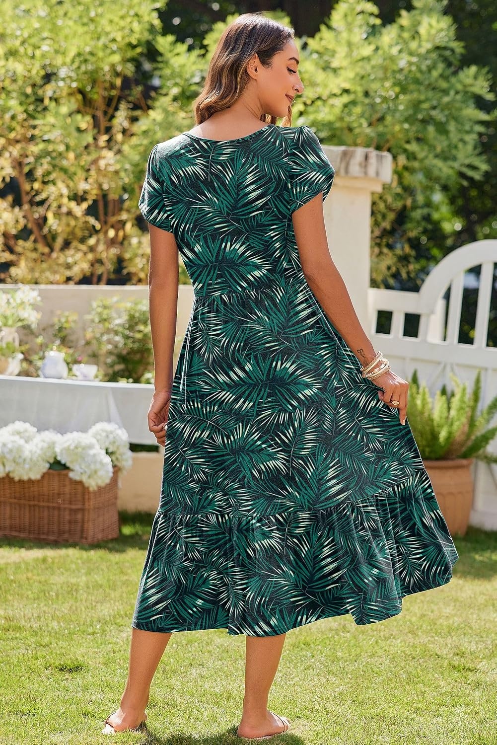 image:imageZeagoo Women Summer Midi A Line Dress Short Sleeve Casual Flowy Tiered Beach Long Sundress with Pockets 2026 Vacation TravelGreen Leaf