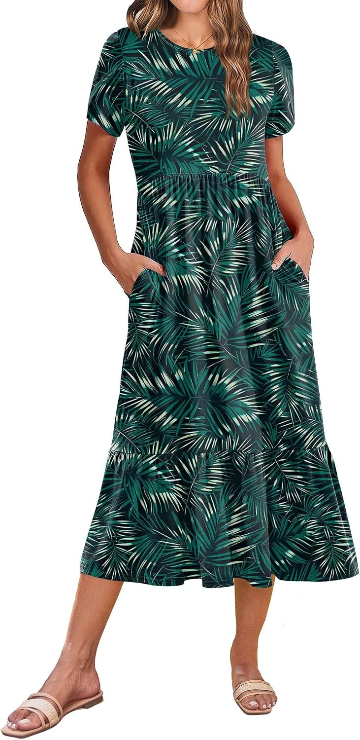 image:imageZeagoo Women Summer Midi A Line Dress Short Sleeve Casual Flowy Tiered Beach Long Sundress with Pockets 2026 Vacation TravelGreen Leaf