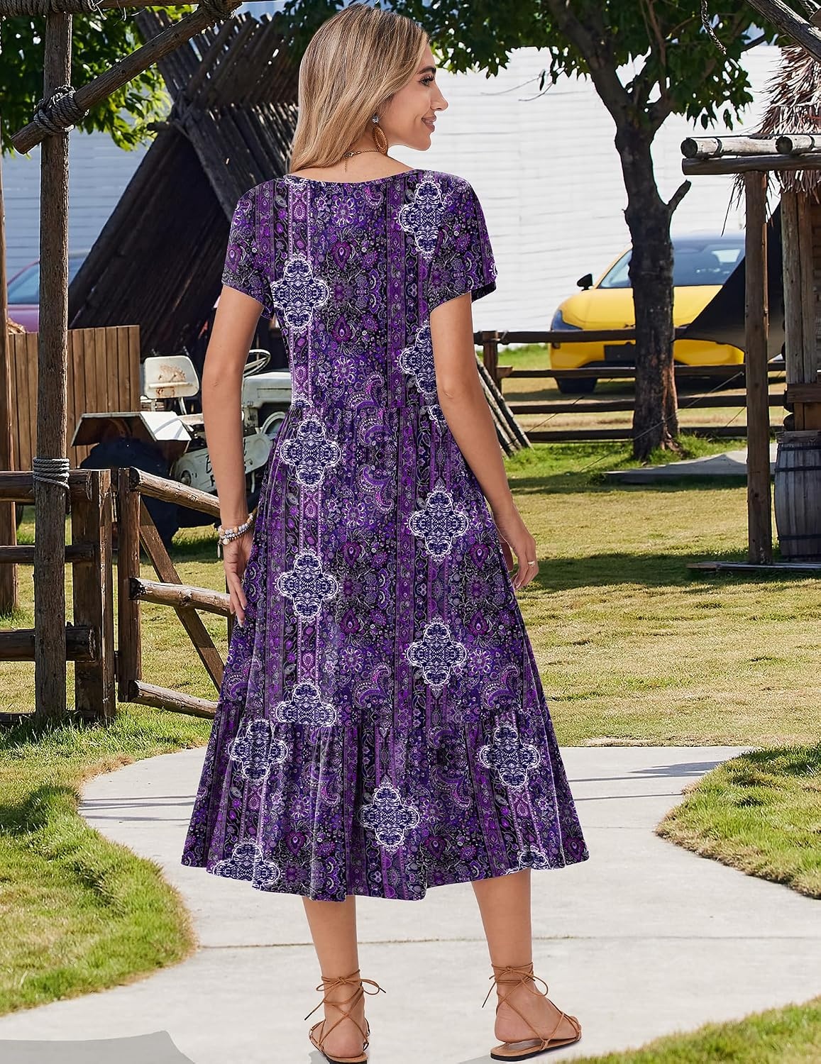 image:imageZeagoo Women Summer Midi A Line Dress Short Sleeve Casual Flowy Tiered Beach Long Sundress with Pockets 2026 Vacation TravelMz907