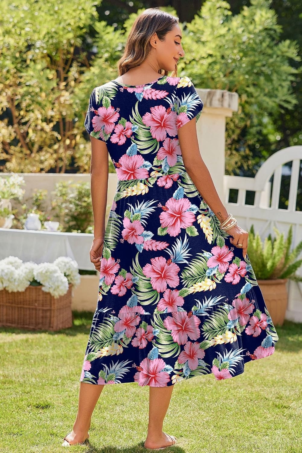image:imageZeagoo Women Summer Midi A Line Dress Short Sleeve Casual Flowy Tiered Beach Long Sundress with Pockets 2026 Vacation TravelPink Floral