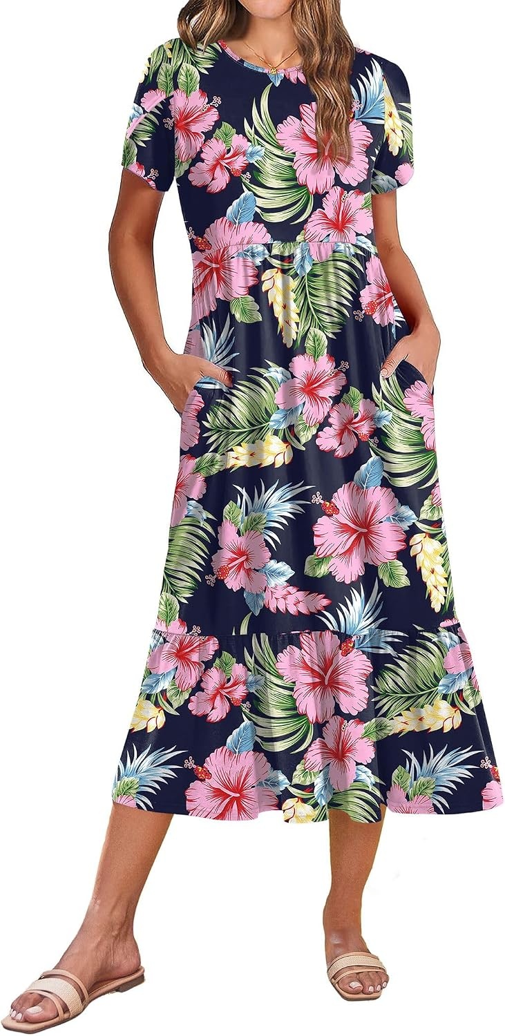 image:imageZeagoo Women Summer Midi A Line Dress Short Sleeve Casual Flowy Tiered Beach Long Sundress with Pockets 2026 Vacation TravelPink Floral