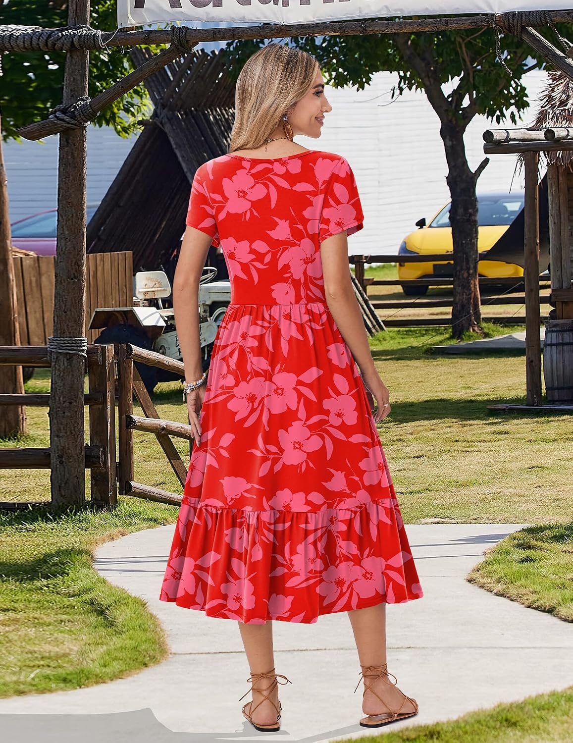 image:imageZeagoo Women Summer Midi A Line Dress Short Sleeve Casual Flowy Tiered Beach Long Sundress with Pockets 2026 Vacation TravelRed Floral