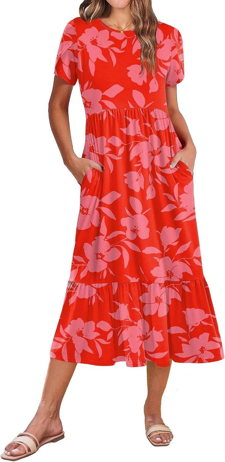 image:imageZeagoo Women Summer Midi A Line Dress Short Sleeve Casual Flowy Tiered Beach Long Sundress with Pockets 2026 Vacation TravelRed Floral