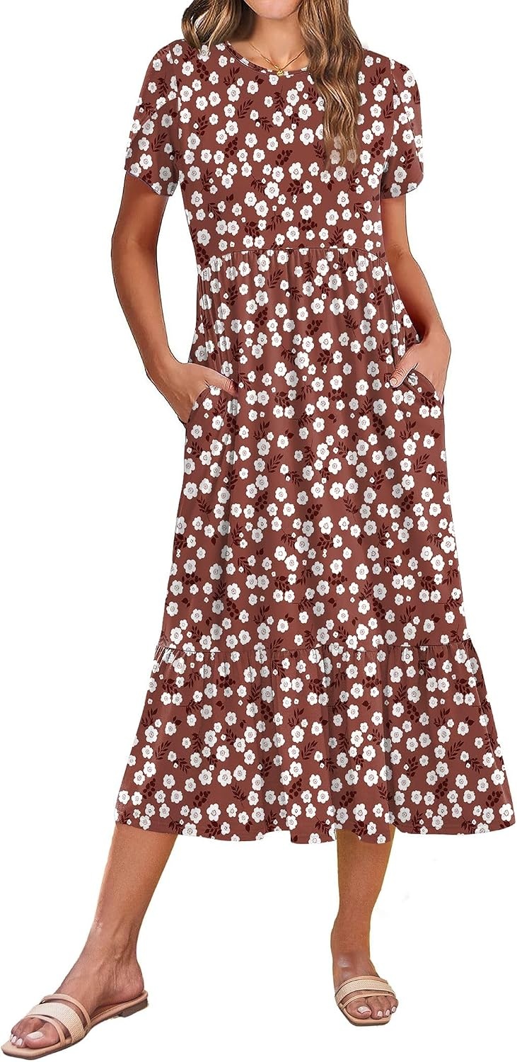 image:imageZeagoo Women Summer Midi A Line Dress Short Sleeve Casual Flowy Tiered Beach Long Sundress with Pockets 2026 Vacation TravelRed Floral2