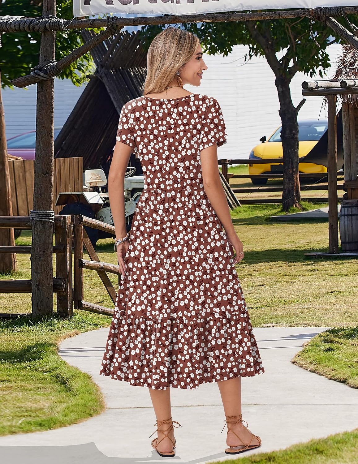 image:imageZeagoo Women Summer Midi A Line Dress Short Sleeve Casual Flowy Tiered Beach Long Sundress with Pockets 2026 Vacation TravelRed Floral2
