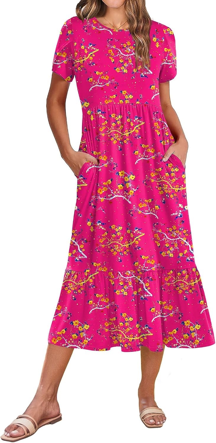 image:imageZeagoo Women Summer Midi A Line Dress Short Sleeve Casual Flowy Tiered Beach Long Sundress with Pockets 2026 Vacation TravelRed Floral3