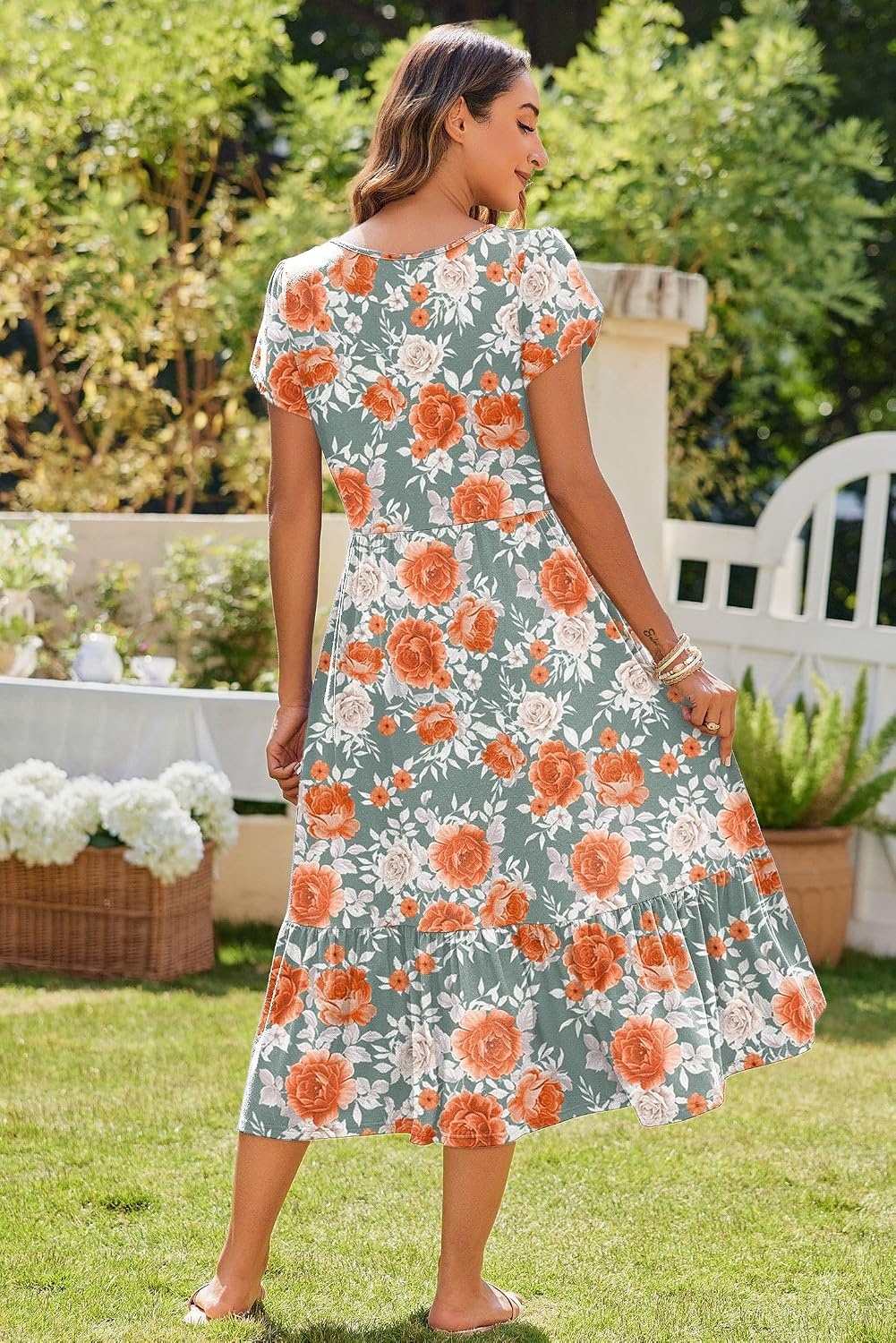 image:imageZeagoo Women Summer Midi A Line Dress Short Sleeve Casual Flowy Tiered Beach Long Sundress with Pockets 2026 Vacation TravelRed White Floral